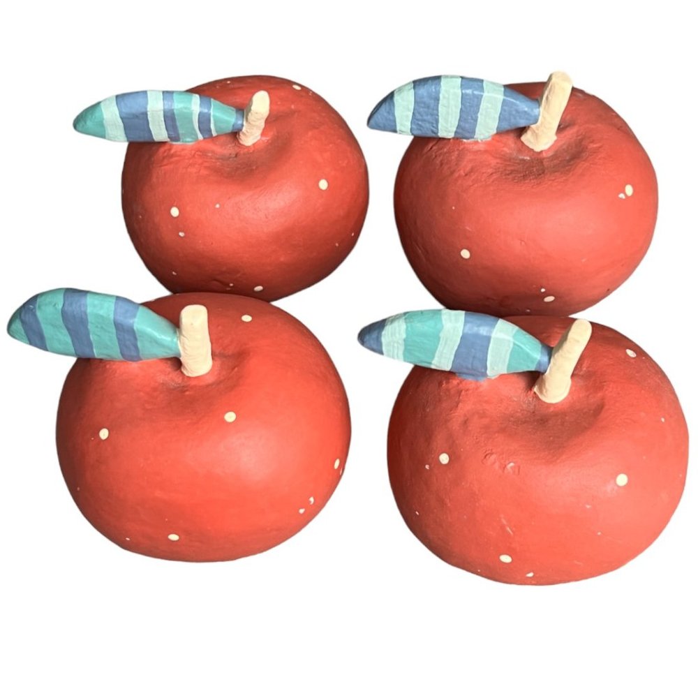Rare! 4 Vtg Wooden Folk Art Apples! Handpainted Whimsical Matte Polka Dots 3/75"